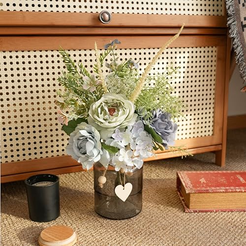 LUEUR Fake Flowers with Vase, Artificial Blue Dahlia & Rose Arrangement, Spring Floral Centerpiece for Dining Table, Coffee Table & Farmhouse Home Decor Spring Decorations - color: Blue & Green