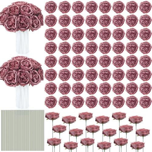 Suncalla 80 Pack Austin Rose Peonies, 3.94 Inch Artificial Flowers Heads Bulk with Stems Leaves for Arrangement Wedding Centerpiece Banquets Party Home Kitchen Decor DIY(Dusty Red) - color: Dusty Red