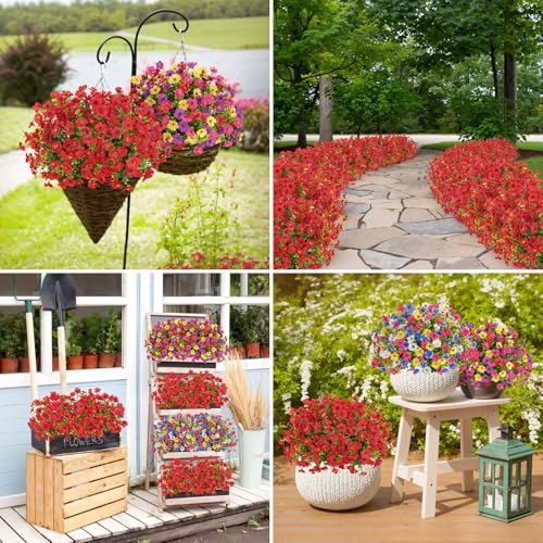 Bassion Artificial Flowers for Outdoors, 16 Bundles UV Resistant Fake Flowers Realistic Silk Faux Plants for Outdoor Planter Hanging Basket Window Box Porch Patio Garden Home Outside Decorations - color: Red