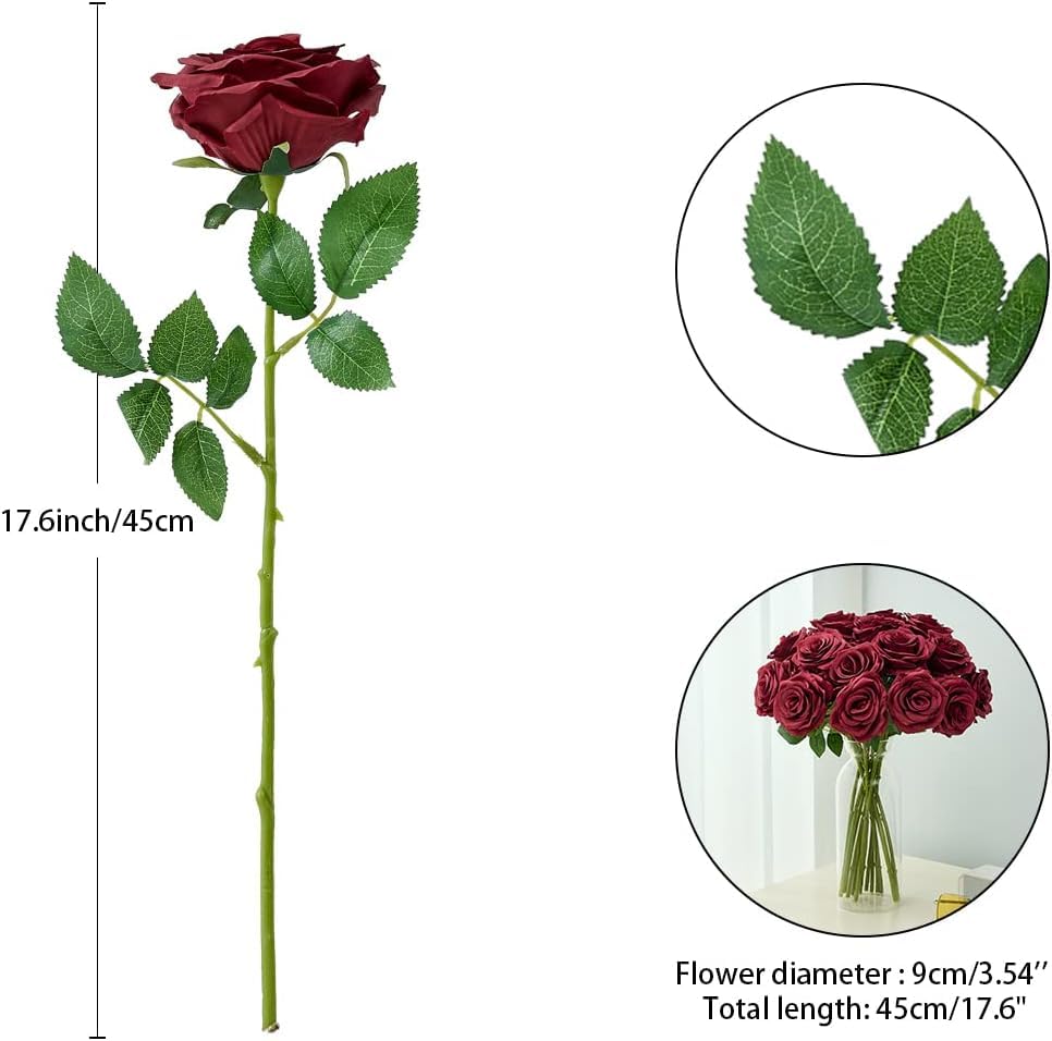 100pcs Burgundy Roses Artificial Flowers, Wine Red Artificial Flowers Bulk Realistic Silk Faux Roses with Stems for Wedding Table Centerpieces Bridal Bouquet DIY Floral Arrangement Event Party - color: Burgundy