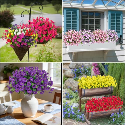 Bassion Artificial Flowers for Outdoors, 20 Bundles Silk Fake Flowers UV Resistant Realistic Morning Glory Faux Eucalyptus Plants for Outside Planters Porch Window Box Garden Indoor Decor - color: Multi Color