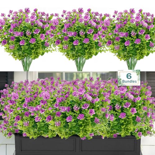 6 Bundles Artificial Flowers for Outdoors,UV Resistant Realisic Fake Plastic Plants Artificial Shrubs Fall Flowers Decor of Vase and Outside Window Box, Ferns Plants for Planter-Rosy - color: Rosy, size: 6PCS