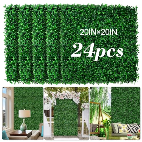 AOKIIE 20"x20" Artificial Grass Wall 24Pcs UV-Anti Boxwood for Outdoor | Grass Wall Panels UV-Anti & Weatherproof Boxwood Hedge, Privacy Greenery Screen for Outdoor Patio, Garden Fence Backdrop - size: 20X20 24PCS
