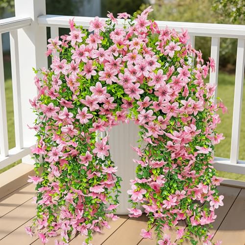 Roberly 4 Pcs Artificial Hanging Flowers for Outdoors, Realistic Faux Silk Flowers UV Resistant Fake Greenery Plants for Spring Summer Garden Porch Indoor Outdoor Home Decor, Pink - color: Pink