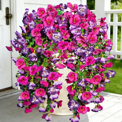 Artificial Hanging Flowers for Outdoors Decor, Fake Silk Hibiscus Long Trailing Vines UV Resistant Realistic Flowers Plants for Outside Front Door Porch Patio Balcony (Fuchsia + Purple, 2 pcs) - color: Fuchsia + Purple, size: 2 pcs