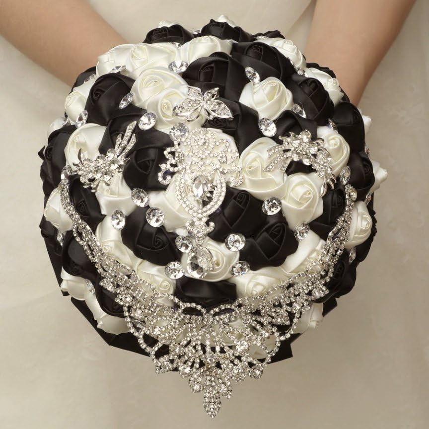 Handmade Luxury Wedding Bridal Bouquet Large Silk Rose Holding Toss Artificial Flowers Bouquets with Satin Ribbon Pearls Rhinestone for Bride Vintage Royal Wedding Bouquet (Black+Ivory) - color: Black+ivory