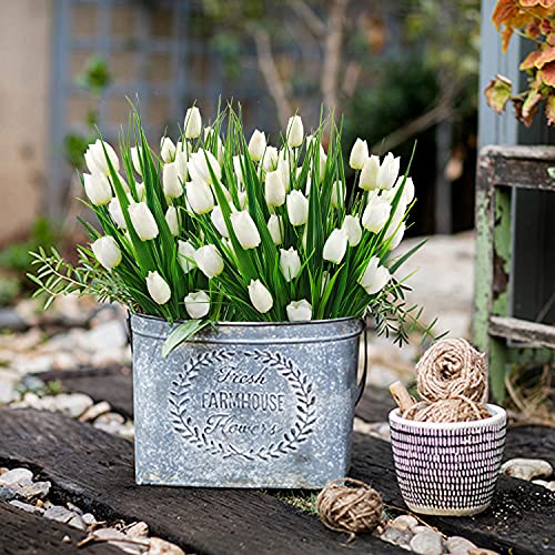 8 Bundles Outdoor Artificial Tulips Fake Flowers UV Resistant Faux Plastic Greenery Shrubs Plants for Home Outside Garden Porch Window Farmhouse Decor (White) - color: White
