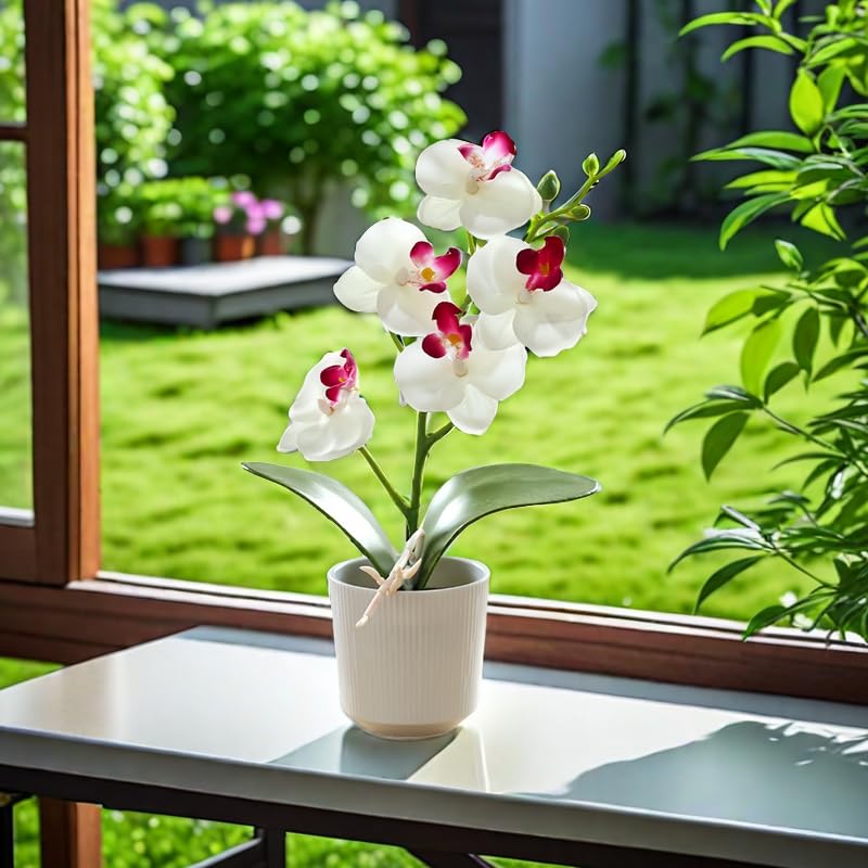 10.2" Orchids Artificial Flowers Fake Orchid Plant Potted Butterfly Orchid Silk Flowers Decor for Home Living Room Bathroom Wedding Office Decoration (White) - color: White
