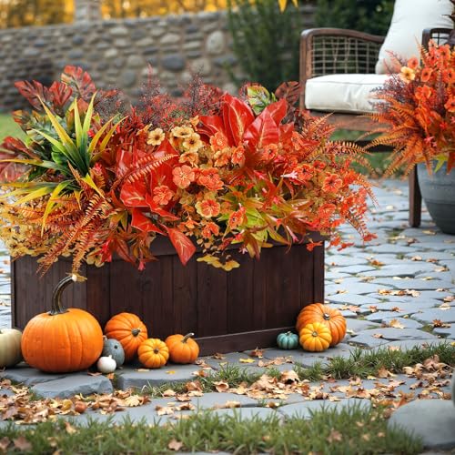 20 Bundles Artificial Fall Flowers for Outdoor Decoration, Fake Plants Faux Mums Flowers UV Resistant Daisy Boston Fern Fall Stems for Autumn Planters Window Box Garden Porch Indoor Home Decor - color: Orange Red
