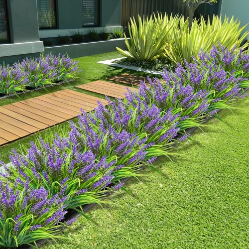 obbsie 12 Bundles Artificial Plants Outdoor, 18.2" UV Resistant Faux Monkey Grass Greenery Stems No Fade Faux Plastic Flowers Shrubs for Home Weddings Garden Porch Front Patio Office Decor - Purple - color: Purple, size: 12 Pcs