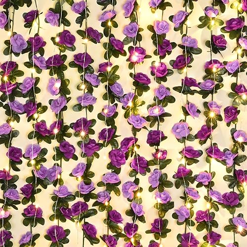 BLEUM CADE 12Pcs 98.4Ft Flower Garland Artificial Rose Vines with 98.4Ft String Lights, Cute Fake Hanging Flower Vines Floral Garland Decorations for Wedding Party Wall Room Decor Aesthetic - color: Purple With Lights, size: 12 Pcs