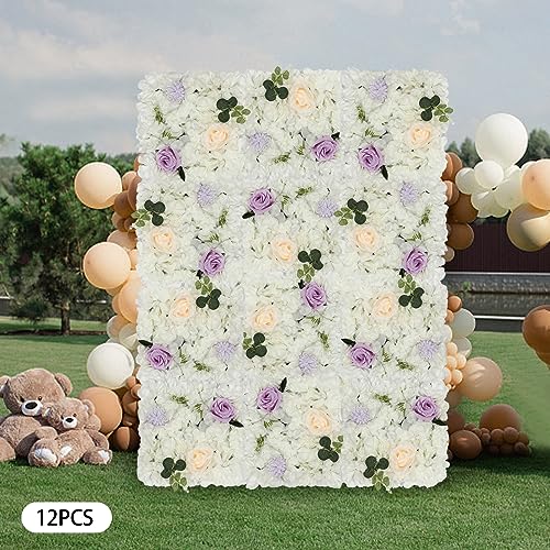 12Pcs Artificial Flower Wall Panel 15" X 15" Flower Wall Decor Backdrop Panels Floral Backdrop Wall Faux Flower Panel for Home Party Wedding Photo Backgdrop Decor (White, Purple) - color: White, Purple