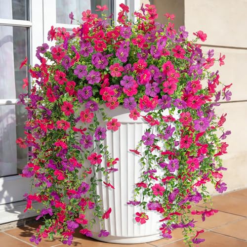 Fake Artificial Hanging Flowers for Outdoors Decoration, 2 PCS Faux UV Resistant Artificial Outdoor Flowers, Fake Plants Look Real Daisy No Fade Spring Decor for Porch Home Patio Balcony and Yard - color: Hanging Flower (Rose Red and Purple)
