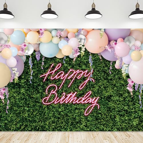 Riyidecor Green Leaves Happy Birthday Backdrop Polyester Fabric for Women Girls Neon Balloons Flower Wall Spring 7Wx5H Feet Rustic Plant Botanical Photography Background Birthday Photo Studio Shoot - color: A-Green Birthday（Balloon）, size: 7Wx5H