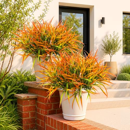 Uieke 6 Bundles Artificial Outdoor Plants UV Resistant Fake Grass Plants Faux Plastic Plants Greenery Shrubs for Home Garden Pathway Window Box Front Porch Summer Fall Decor, Autumn Orange - color: Orange Yellow, size: 6