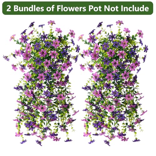 Homsunny Artificial Fake Hanging Flowers Plants for Outdoor Spring Summer Decoration, 2 PCS Faux Silk Flower Outside Planter UV Resistant Look Real for Front Patio Porch Home Decor (Double Purple) - color: Double Purple