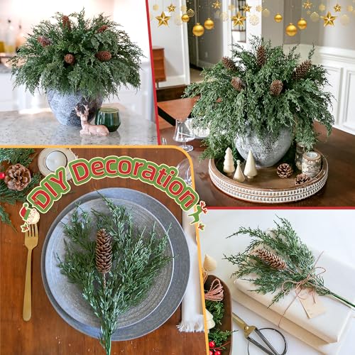 Cedar Stems Artificial Norfolk Pine Branches for Christmas Decor, 12 PCS Fake Pine Stems with 5 PCS Big Pine Cones Branches Realistic Fake Plants Faux Greenery for Vases DIY Garland Xmas Table Indoor - color: 12 Pcs Cedar Stems, 5 Pcs Big Pinecones Stems