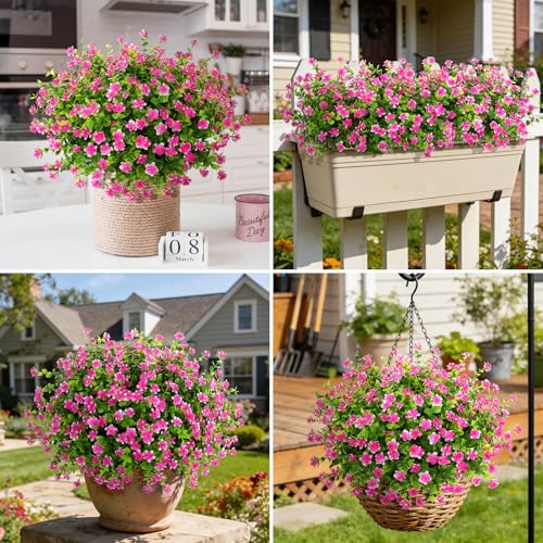 Ouddy Decor 24 Bundles Artificial Flowers for Outdoors Decoration Fake Flowers UV Resistant Faux Plastic Greenery Eucalyptus Plants for Spring Summer Garden Patio Indoor Outdoor Home Decor, Pink - color: Pink
