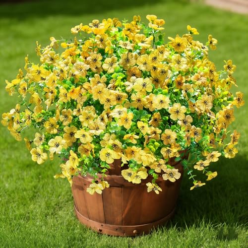 12 Bundles Artificial Flowers for Outdoor UV Resistant and Realistic, Faux Daisy Fake Flowers with Eucalyptus Leaves for Porch, Patio, Planter, Window Box, Home, Garden Decor - color: Yellow