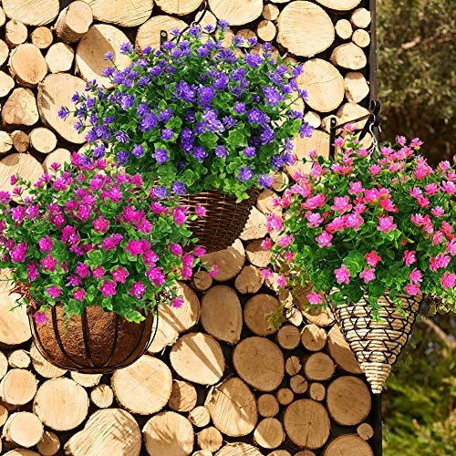 8 Bundles Outdoor Artificial Fake Flowers UV Resistant No Fade Boxwood Faux Plastic Plants for Garden Patio Porch Window Box Home Wedding Farmhouse Décor (Purple) - color: Purple