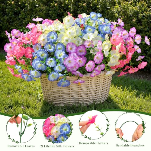 Alupssuc 24 Bundles Artificial Flowers for Outdoors, Faux Spring Flowers for Decoration, UV Resistant Silk Morning Glory with Eucalyptus Realistic Fake Flowers for Yard Planter, 4 Gradien Colors - color: 4 Gradient Color