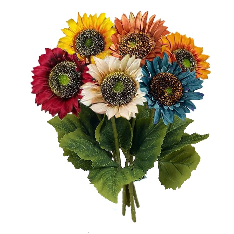 6pcs Artificial Sunflowers Six Colors Fake Sunflowers Bouquet Vintage Fake Silk Sunflowers Large Sunflowers Decor for Wedding Party Garden Home Hotel Office - color: Multi Color