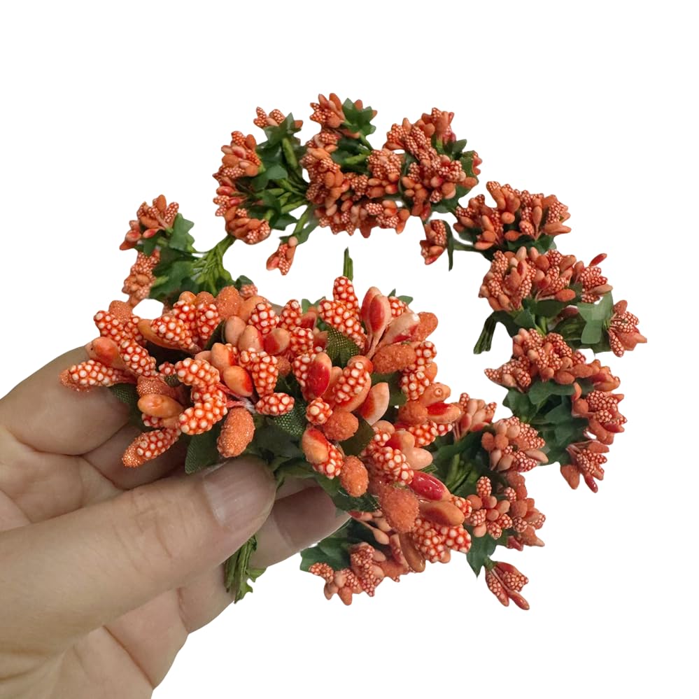 144pcs Artificial Mini Orange Flower Stamen Pistil and Soft Stem,20mm Tiny Berry for DIY Make Bridal Hair Clips,Cake Top,Wrist Corsage Boutonniere,Candle Rings Wreath Bracelet Flower - color: Orange