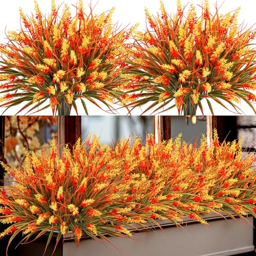 Artificial Fall Flowers for Outdoors, 24 Bundles Lavender Fake Mums Plants UV Resistant Plastic Faux Flowers with Monkey Grass for Home Porch Garden Planters Window Box Autumn Thanksgiving Decorations - color: Orange, size: 24 Bundles