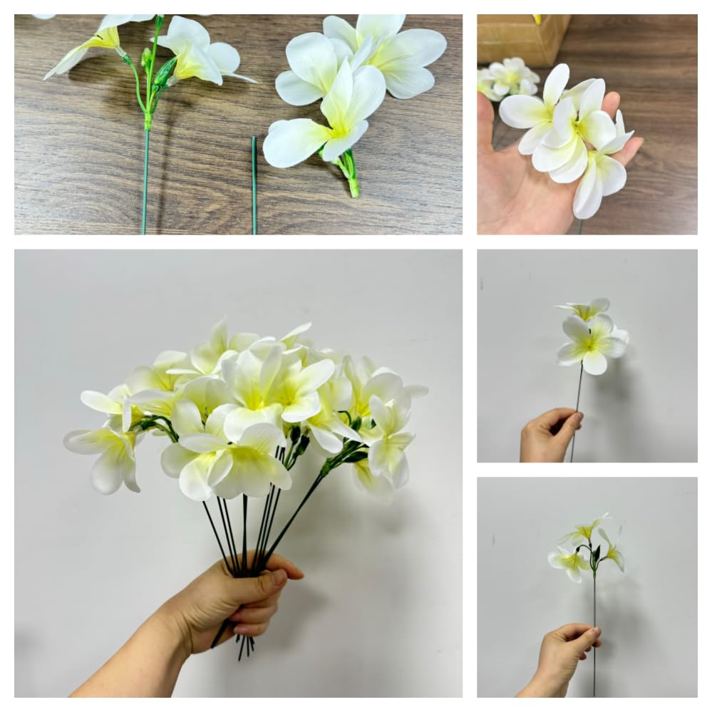 10 Bunch Pink Artificial Flowers Fake Plumeria Flower with Stems,12inch Real Touch Lifelike Frangipani Flower Bouquets for Wedding Engagement Party Cake Topper Spring Flowers Beach Decor (White) - color: White