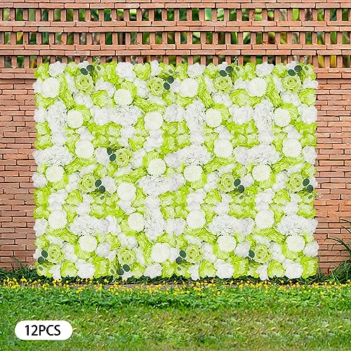 3D Flower Wall Panel Floral Backdrop,12PCS Artificial Flower Wall Background Silk Rose Mat, Artificial Flower Backdrop Faux Flower Panel for Wedding - color: 12 Pcs Green, White