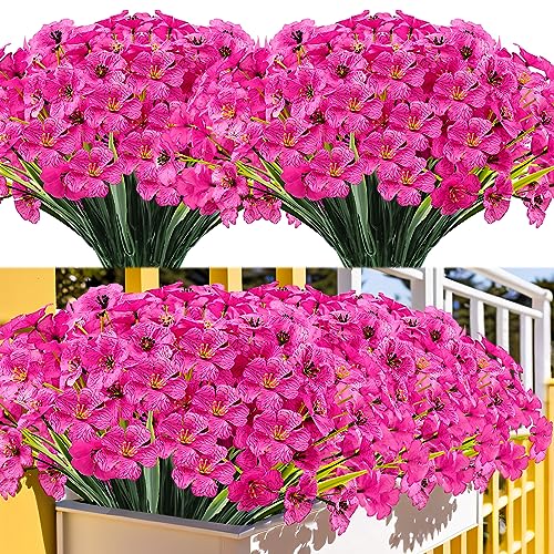 Kinisty 20 Bundles Outdoor Artificial Flowers UV Resistant with Faux Silk Flowers and No Fade Fake Plastic Plants for Spring Summer Outside Planters Porch Window Box Garden Decor, Fuchsia - color: Rose Red