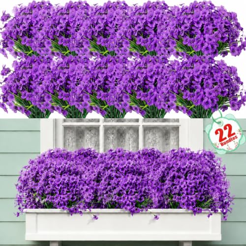 22 Bundles Artificial Flowers Outdoor, Faux Flowers UV Resistant with Plastic Plants, Faux Silk Flowers for Outdoors Outside Front Porch Hanging Planter Window Box Garden Decoration - color: Purple, size: 22 Bundles