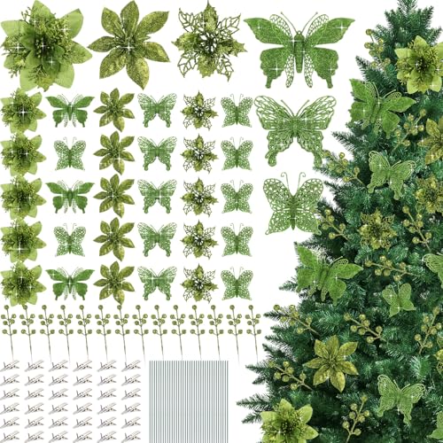 Thiccywoov 122 Pcs Christmas Glitter Poinsettia Artificial Flowers Berry Picks Butterfly Christmas Tree Ornaments 3 Styles Poinsettia kit with Clip for Xmas Wreath Home Tree Decor(Green) - color: Green