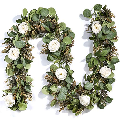Der Rose 6.5FT Artificial Flower Garland, White Rose & Eucalyptus Floral Garland, Faux Flower Vine for Wedding Decor Table Runner Arch & Backdrop Decor (1 Pc) - color: White 1 Pcs