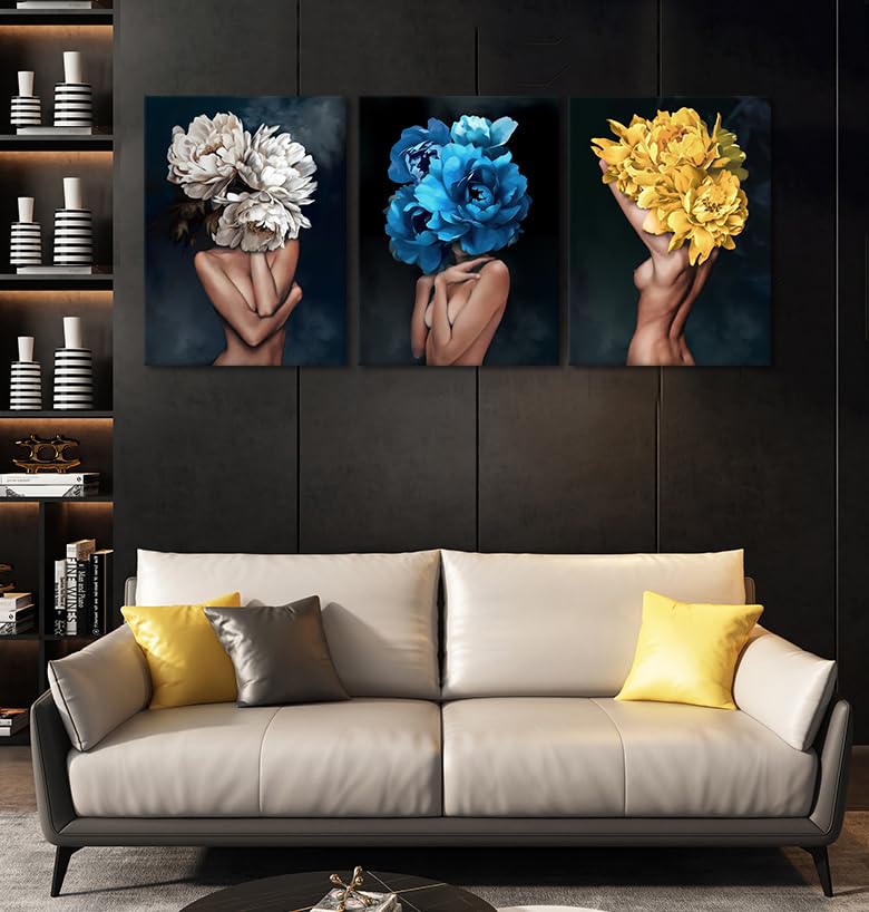 Sexy Wall Art for Bedroom Decor Sexy Women Pictures Wall Decor 3 Panels Girls with Flowers Head Canvas Prints Painting for Living Room Bedroom Home Decoration-20"Wx28"H x 3pcs - color: Art01, size: 20x28x3pcs