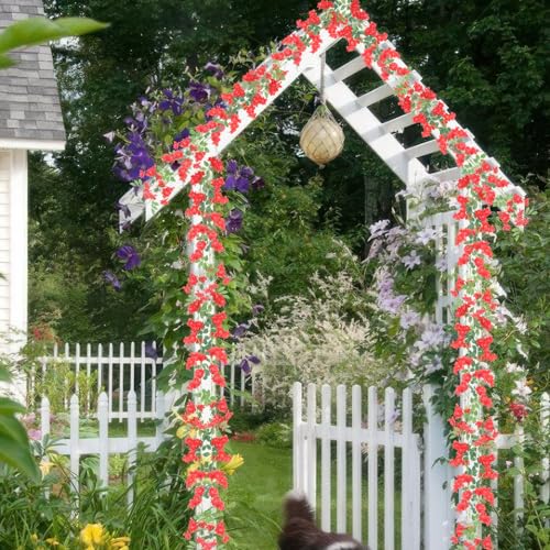 2 Pcs Artificial Flowers Garland for Outdoors Red Faux Gardenia Garland 15.5Ft Silk Rose Hanging Vines Floral for Wedding Arch Party Wall Garden Ceremony Backdrop Fence Spring Decor - color: Red