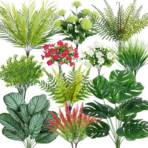 20 Pcs Artificial Plants Outdoor Fake UV Resistant Artificial Flowers Greenery Stems Boston Fern Faux Shrubs Plastic Plants for Garden Porch Planter Window Box Home Decor - color: Green