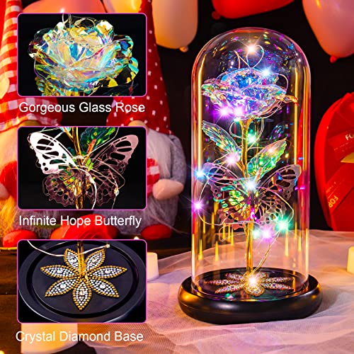 Mothers Day Flowers Gifts for Mom Women Birthday Gift, Galaxy Glass Rose Forever Eternal Crystal Rose in Glass Dome with Butterfly Mother's Day Roses Gifts for Mom Daughter Wife Women Grandma Colorful - color: B Colorful
