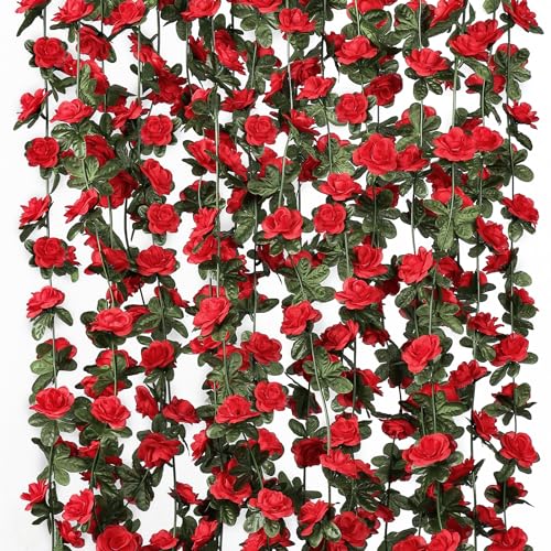 KHOYIME 18 Pack 144 FT Artificial Flower Garland, Fake Red Roses Vines Silk Flowers Faux Plastic Outdoor Hanging Floral Ivy Garland Decoration for Wedding Arch Bedroom Home Wall Backdrop Room Decor - color: Red, size: 18pcs