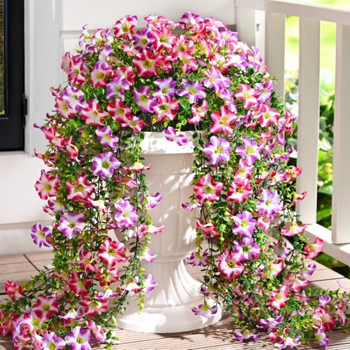 Waipfaru Artificial Petunias Flowers for Outdoors, 4 Pcs UV Resistant Fake Hanging Plants Spring Outside Decor, Faux Silk Flowers Long Trailing Vines for Outdoor Planters Porch Garden (Purple Fuchsia) - color: Rose, size: 4 PCS