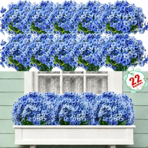22 Pack Artificial Flowers Outdoor Fake Plants, Faux Flowers UV Resistant with Plastic Plants, Faux Silk Flowers for Outdoors Outside Front Porch Hanging Planter Window Box Garden Decoration(Blue) - color: Blue, size: 22 Bundles
