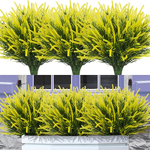 12 Bundles Fake Outdoor Flowers UV Resistant Plants Artificial Lavender Faux Plastic Shrubs Window Box Garden Porch Home Decor (Yellow) - color: Yellow