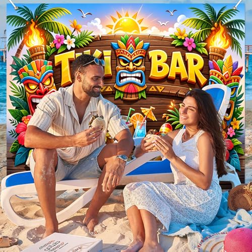 BlissYard Tiki Bar Backdrop Hawaiian Luau Party Banner Tropical Beach Theme Decoration 8x6FT Large Aloha Tiki Mask Photo Booth Background Summer Birthday Pool Party Indoor Outdoor Event Photography - color: Tiki Bar Aloha#02