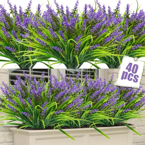 40 Bundles Artificial Plants Outdoor Fake Monkey Grass with Lavender Flowers Plastic UV Resistant Greenery Shrubs for Window Box Porch Garden Patio Outdoor Decor(Purple) - color: Purple