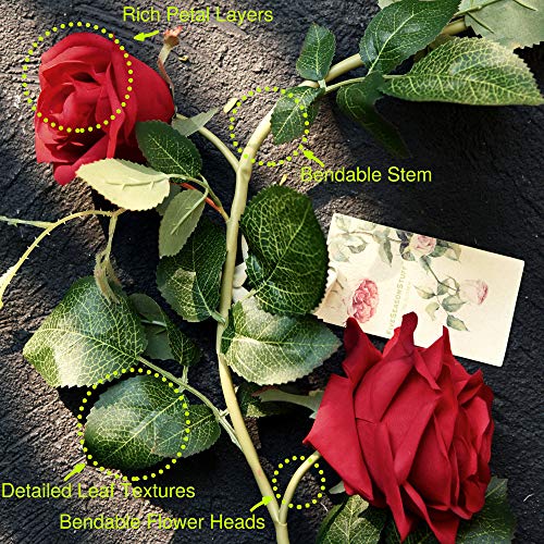 FiveSeasonStuff Classic Red Artificial Silk Roses Flower Garland, Bendable Hanging Vines (2pcs, 11ft) - color: Classic Rose Red