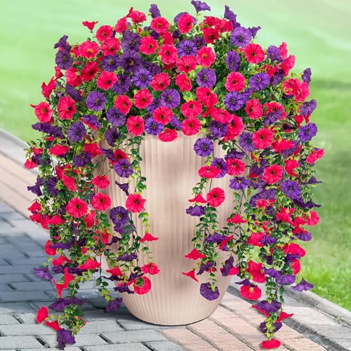 Artificial Hanging Flowers for Outdoor, 2pcs Fake Plants Long Vine Morning Glory Eucalyptus, Spring Summer UV Resistant Realistic Faux Greenery Indoor Outside Patio Porch Garden Decor, Hot Pink Purple - color: Hot Pink Dark Purple