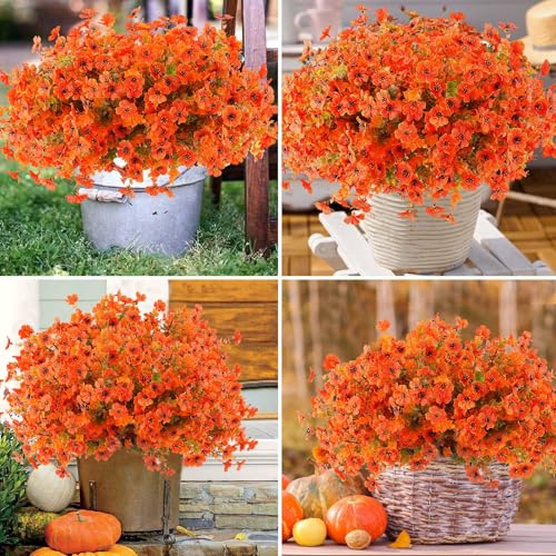 Rowfad 36 Pcs Artificial Mums Flowers Outdoor Plastic Fall Flowers Fake Mums Autumn Greenery Flower for Porch Window Box Farmhouse Thanksgiving Home Decor(36, Orange) - color: Orange