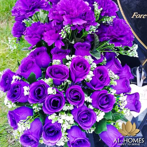 Artificial Purple Roses, 16" Bush with Gyp & Foliage 24 Flower Heads- Wedding Grave Home Decoration & Christmas - color: Purple