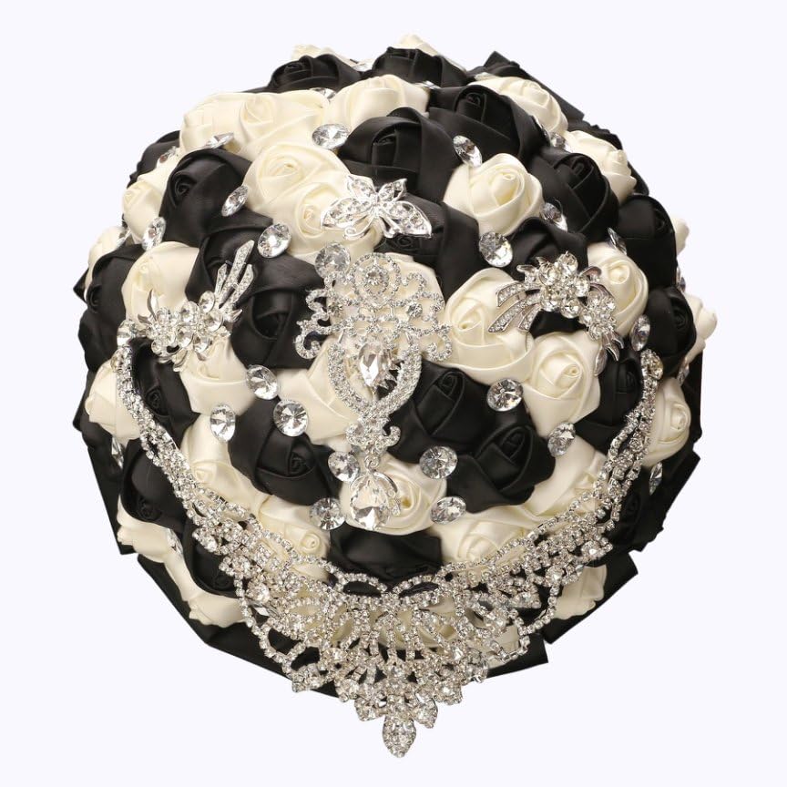 Handmade Luxury Wedding Bridal Bouquet Large Silk Rose Holding Toss Artificial Flowers Bouquets with Satin Ribbon Pearls Rhinestone for Bride Vintage Royal Wedding Bouquet (Black+Ivory) - color: Black+ivory