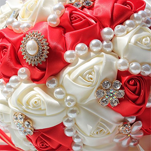 USIX Handcraft Popular Satin Rose Rhinestone Brooch Flower Pearl Bridal Holding Wedding Bouquet Wedding Flower Arrangements Bridesmaid Bouquet(Red+Ivory) - color: Red+ivory